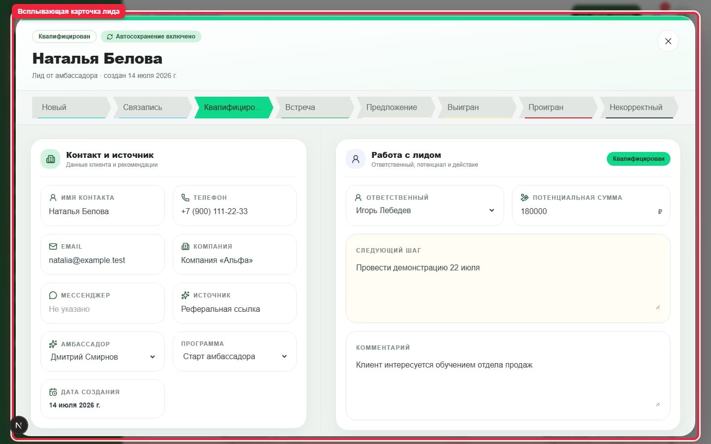 Большая карточка лида. Показана описываемая область интерфейса.