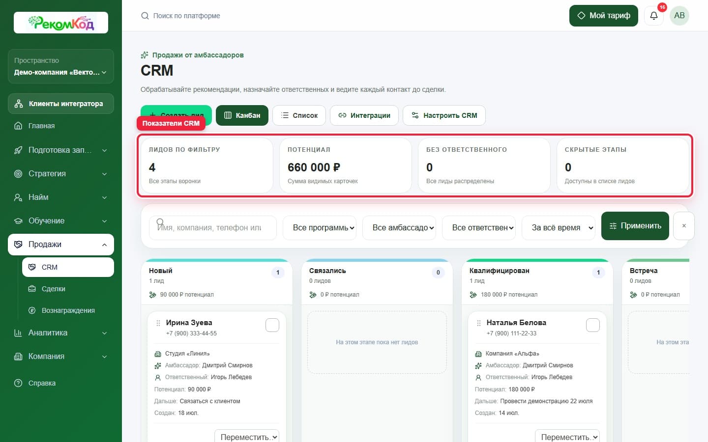 Показатели CRM. Показана описываемая область интерфейса.